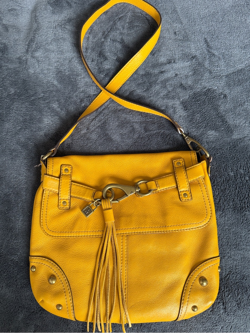 Tommy Hilfiger Genuine Leather Mustard Yellow Leather Crossbody with Tassel